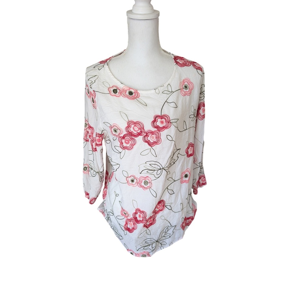 Kindred Womens Blouse Floral Embroidered White Pink 3/4 Sleeve Scoop Neck XL
